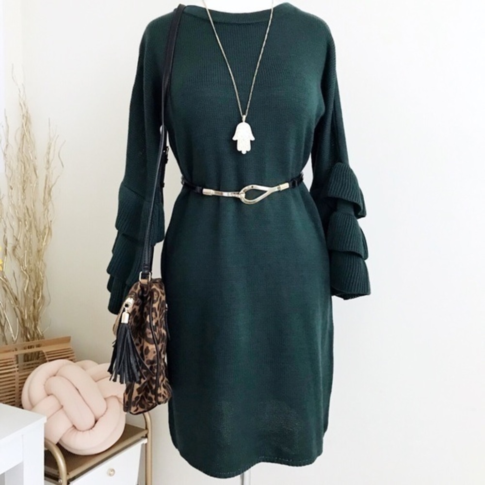 Green Sweater Dress with ruffle Sleeves